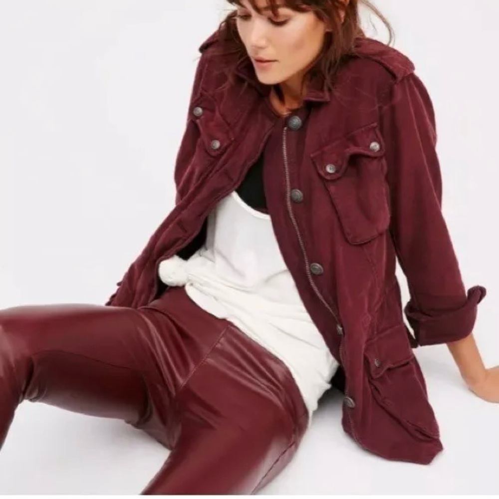 Free People Cargo Utility Jacket 100% Cotton Pockets Burgundy Size XS Oversized - Picture 3 of 7